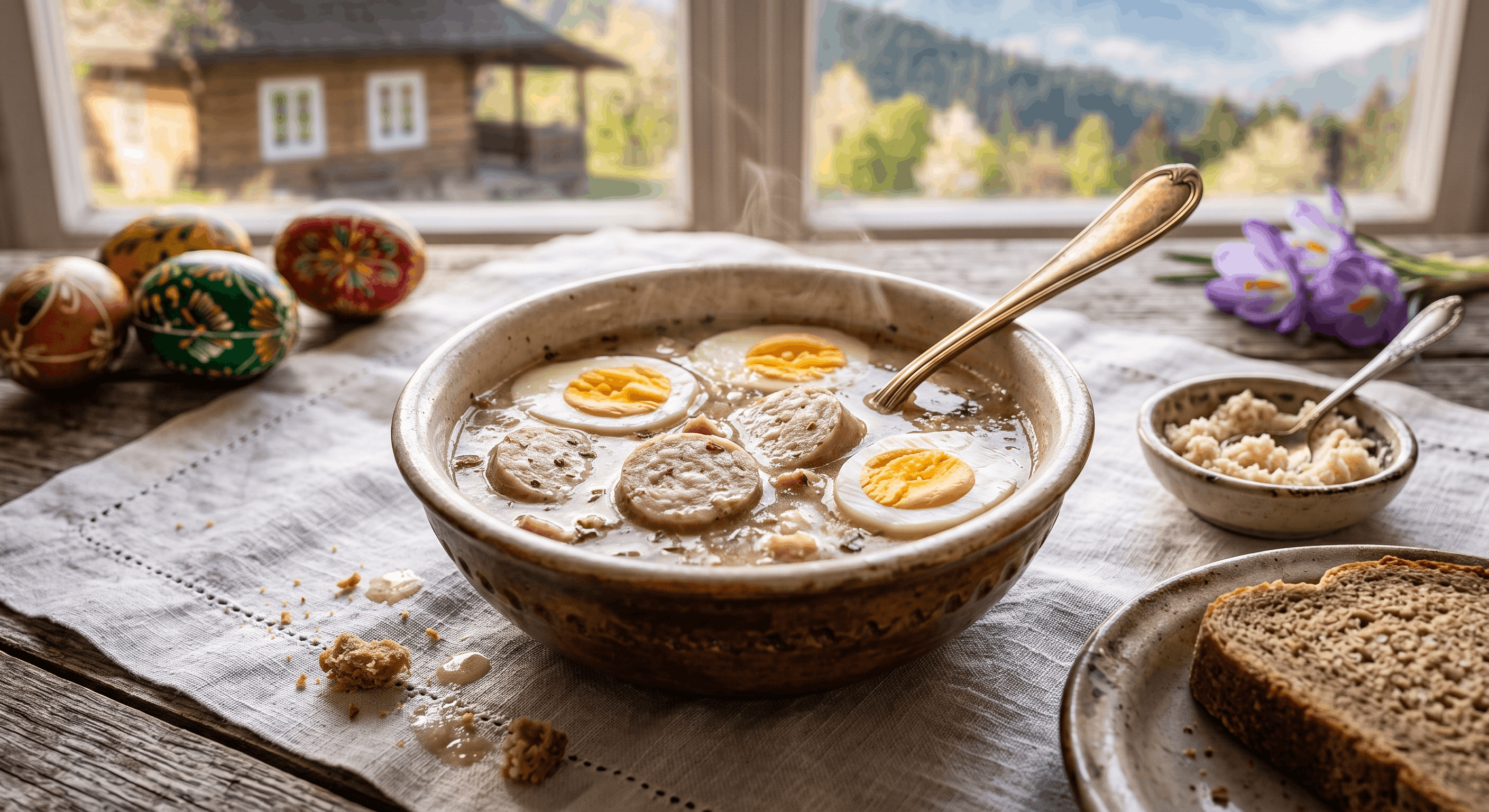 Traditional Polish Easter breakfast — a steaming bowl of żurek with white sausage and egg, painted pisanki, and spring crocuses by a mountain window